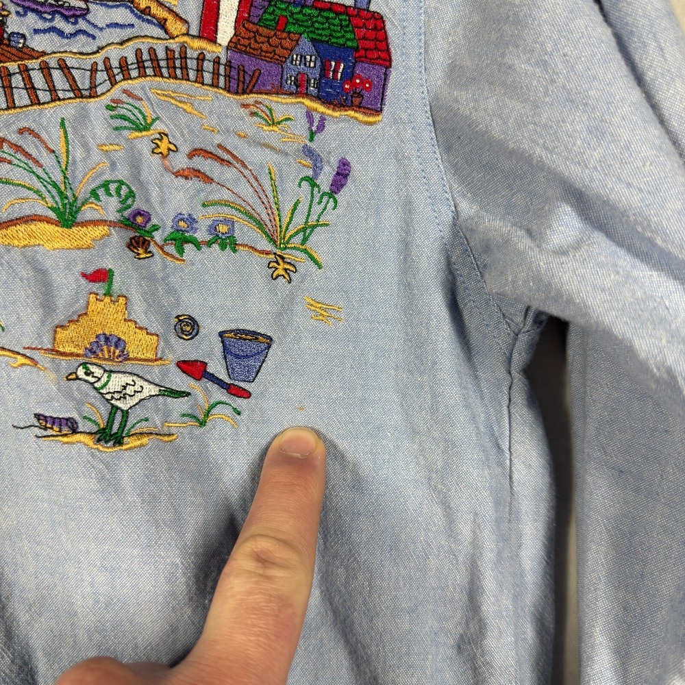 Casey Coleman Denim Top Womens XL Blue Beach Embroidered Lighthouse Sailboat - Picture 16 of 16